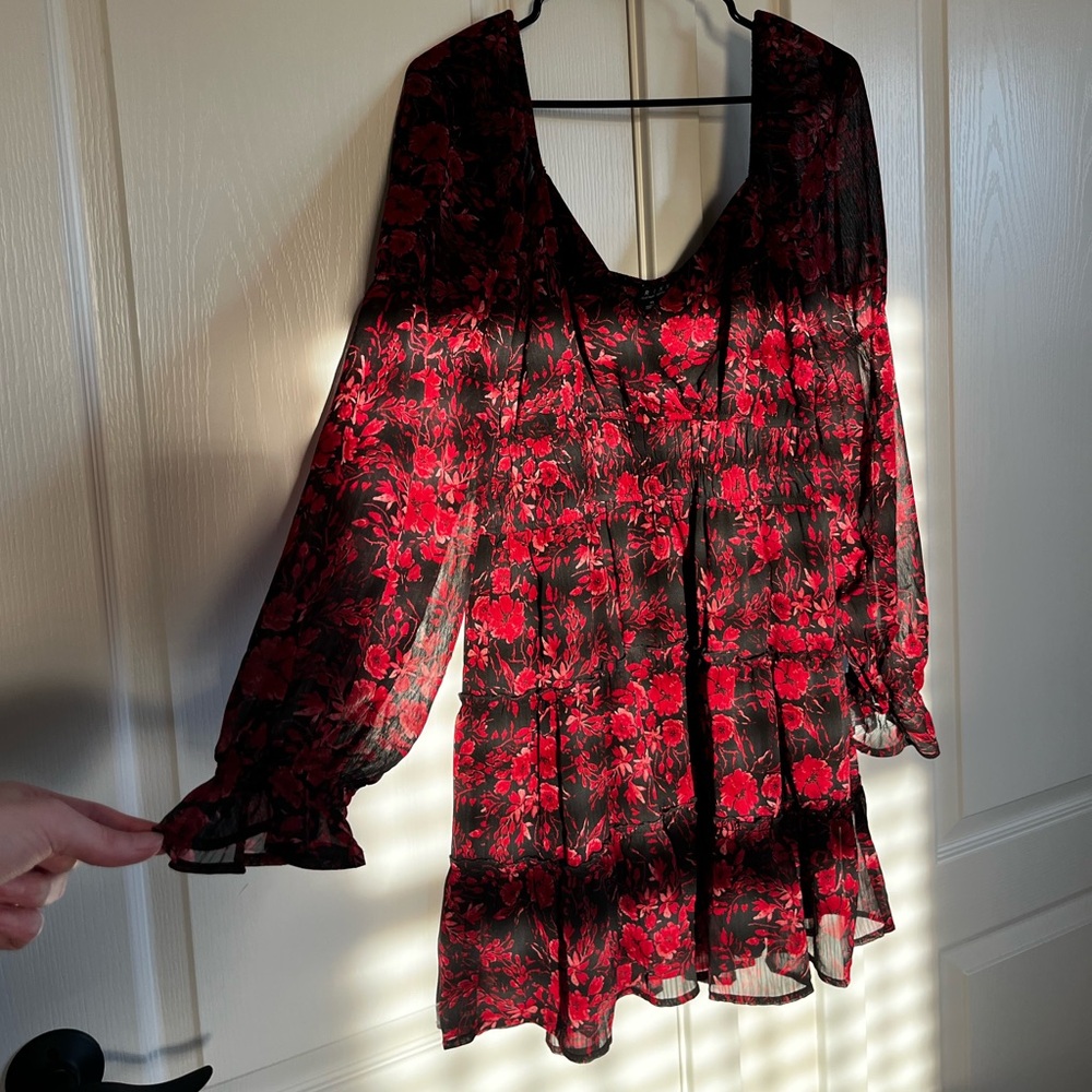 Red and Black Floral Sheer Long Sleeve Dress